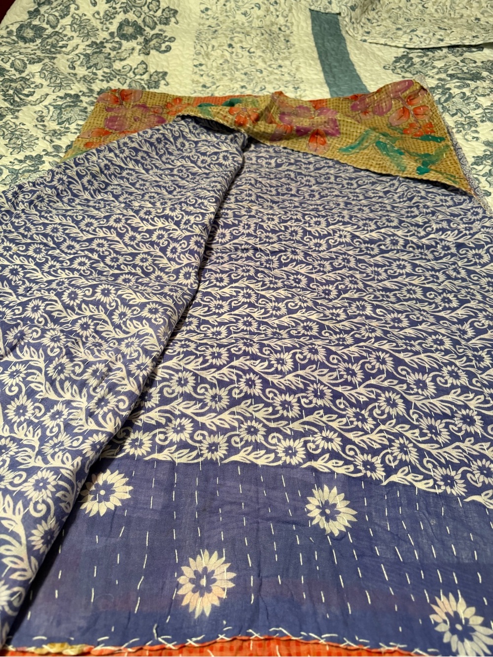 Reversible Blue Floral Kantha Throw Blanket